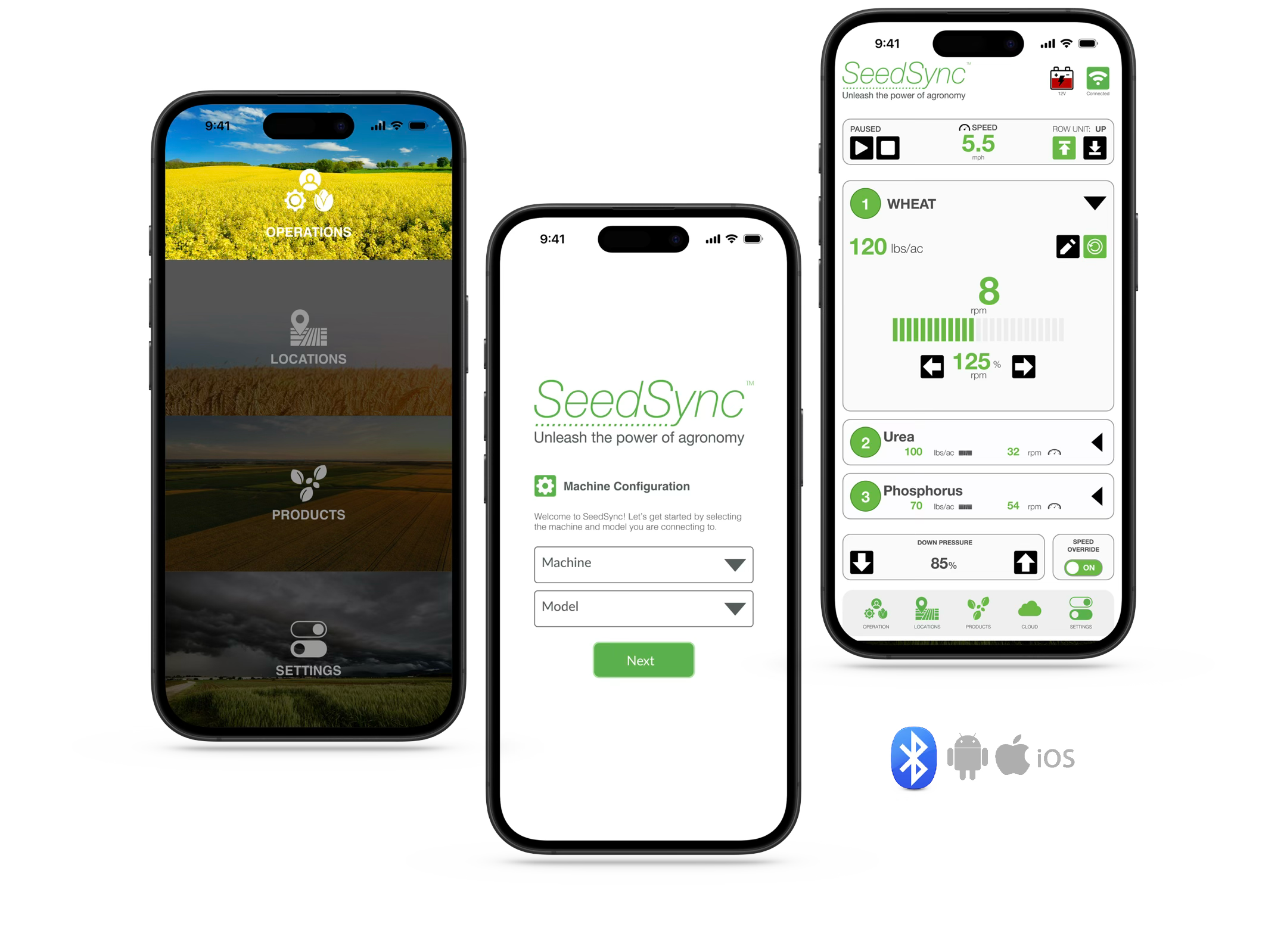 SeedSync™ mobile interface — operator control surfaced through three phones, used across MINI‑MAX™ and OMNI‑MAX™ deployments