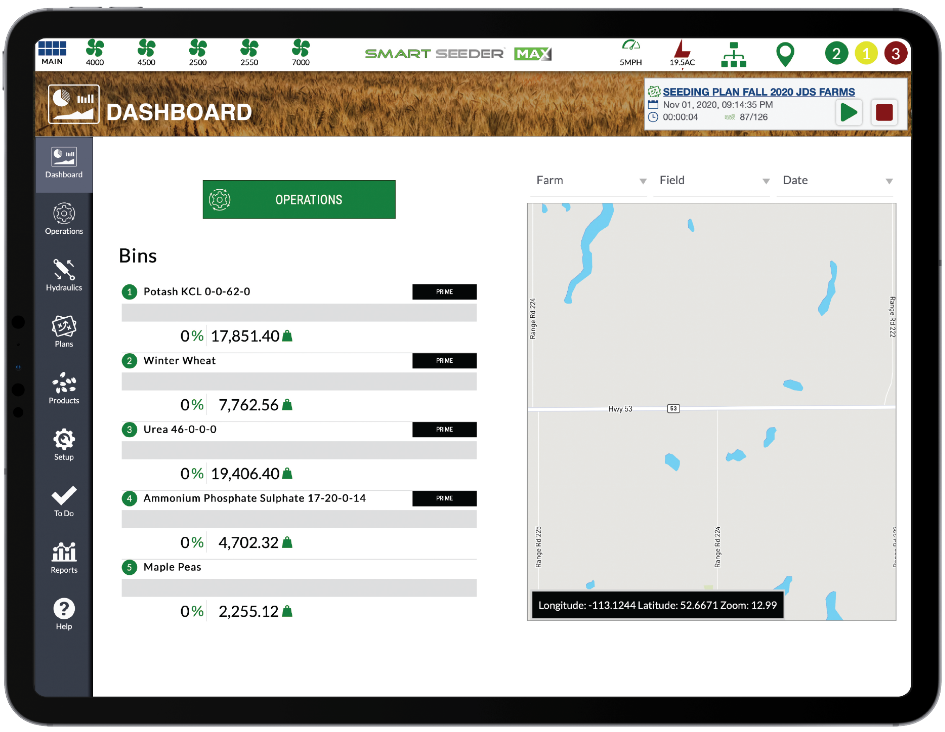 SeedSync™ Bins dashboard — multi-product fill levels and field map